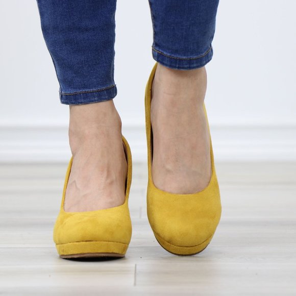 Mustard Faux Suede Close Round Toe Wedge High Heel - Picture 9 of 11